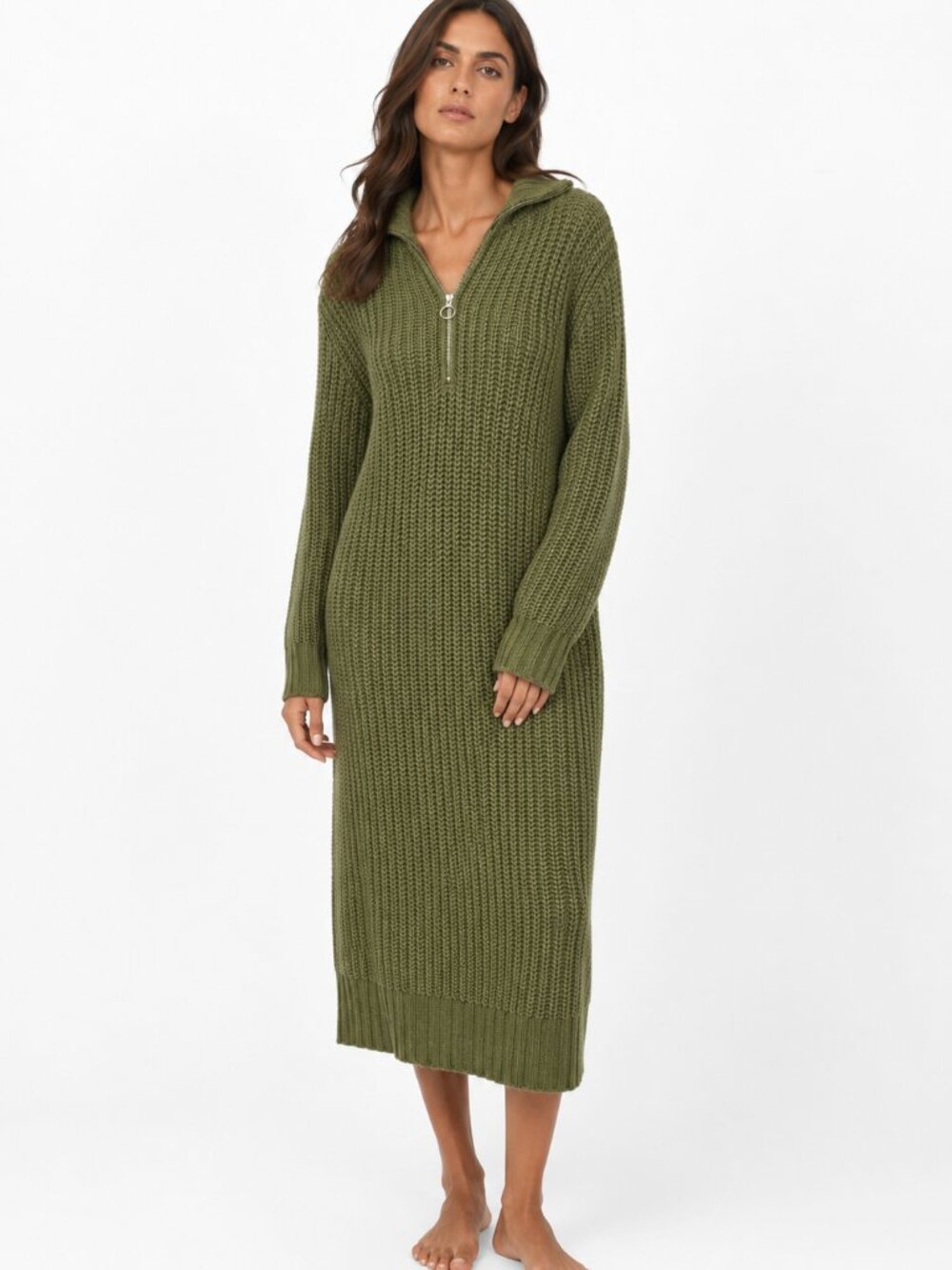 RUBY MOON GREEN KNIT ZIPPED MOCK NECK LONG SLEEVE SWEATER DRESS - S